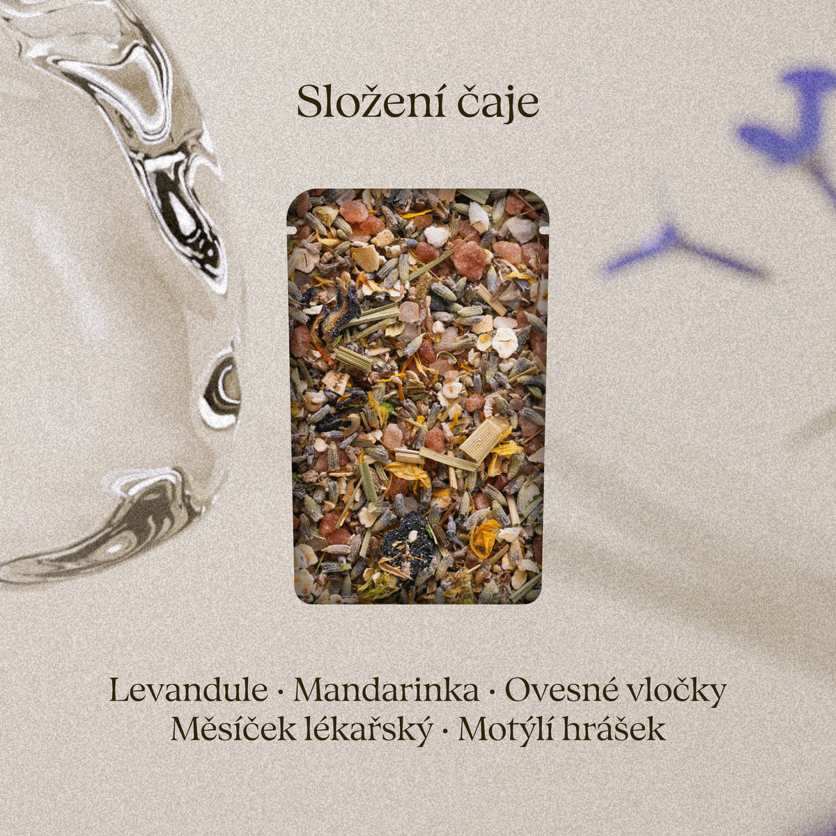 Složení čaje Dream Valley: levandule, mandarinka, ovesné vločky, měsíček lékařský, motýlí hrášek