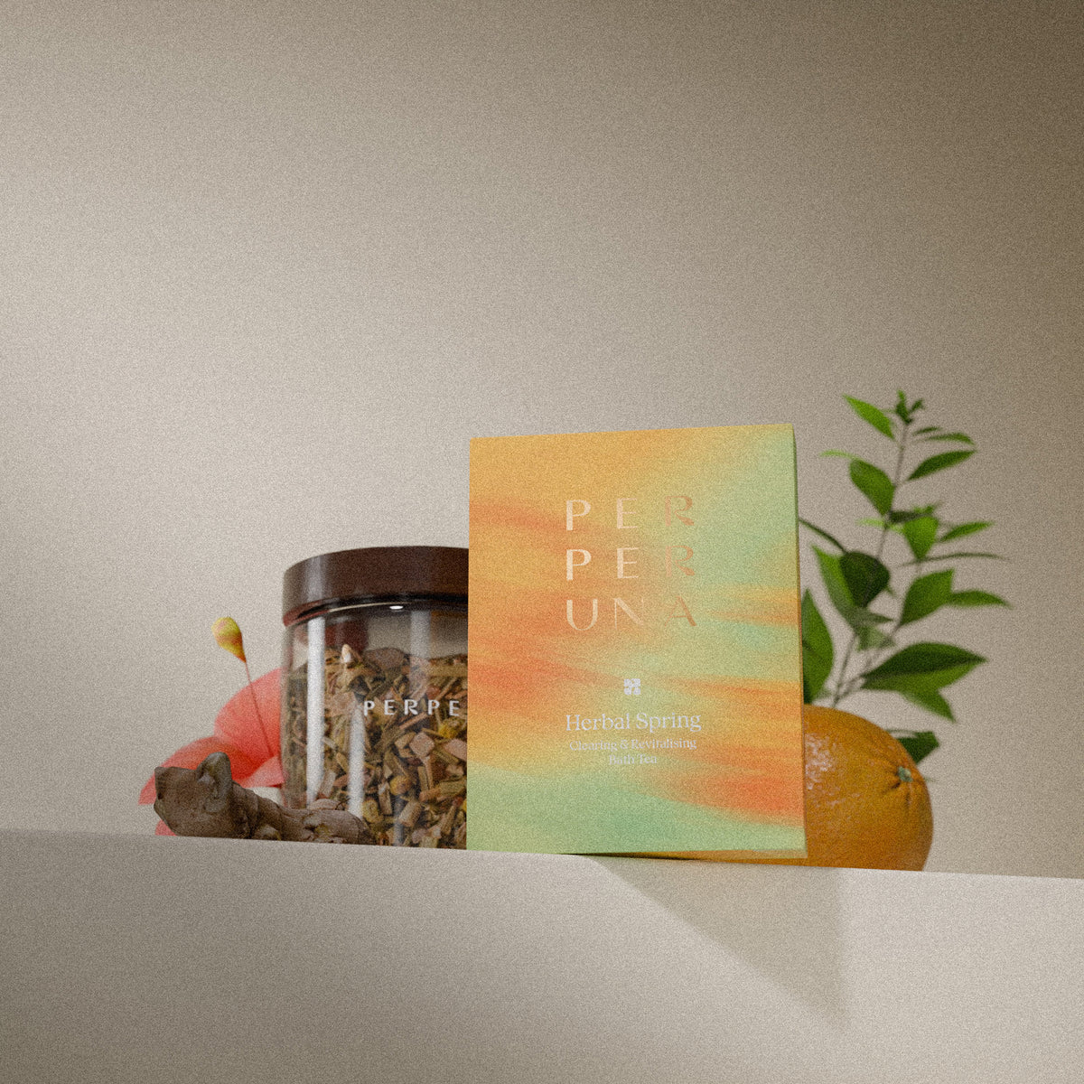 Herbal Spring 50 g – Aromatický čaj do koupele: balení a skleněná dóza s bylinným čajem