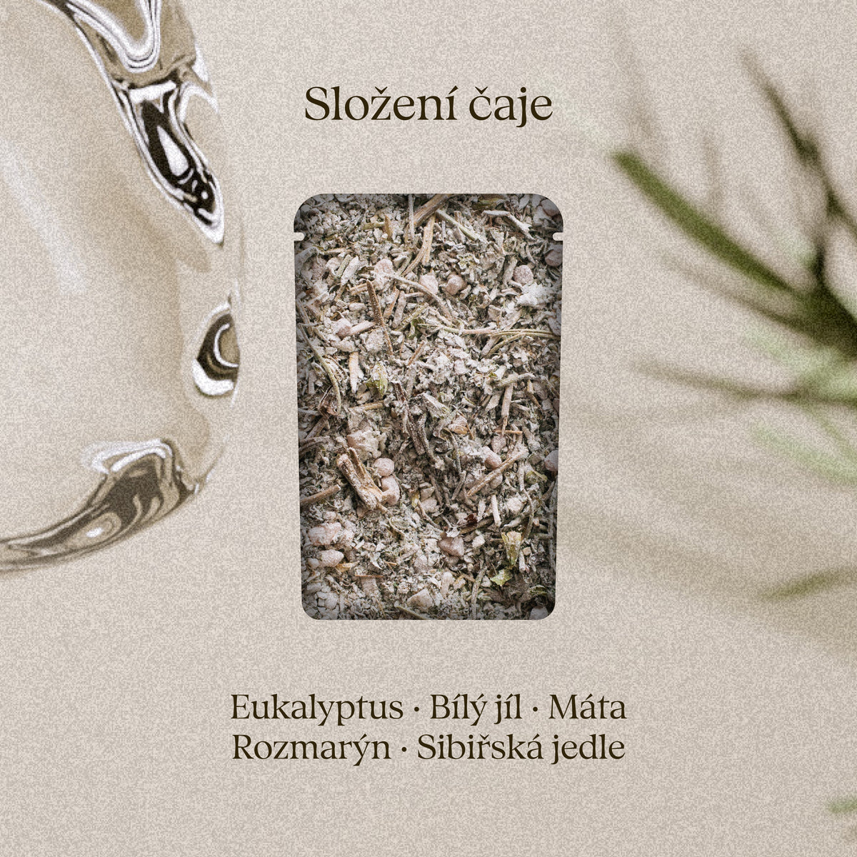 Složení čaje Nordic Forest: eukalyptus, bílý jíl, máta, rozmarýn, sibiřská jedle